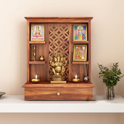 ONIJA Home Temple Wooden Puja Mandir Pooja Stand for Home and Office Wall Mandir for Home Temple for Home and Office (Natural)