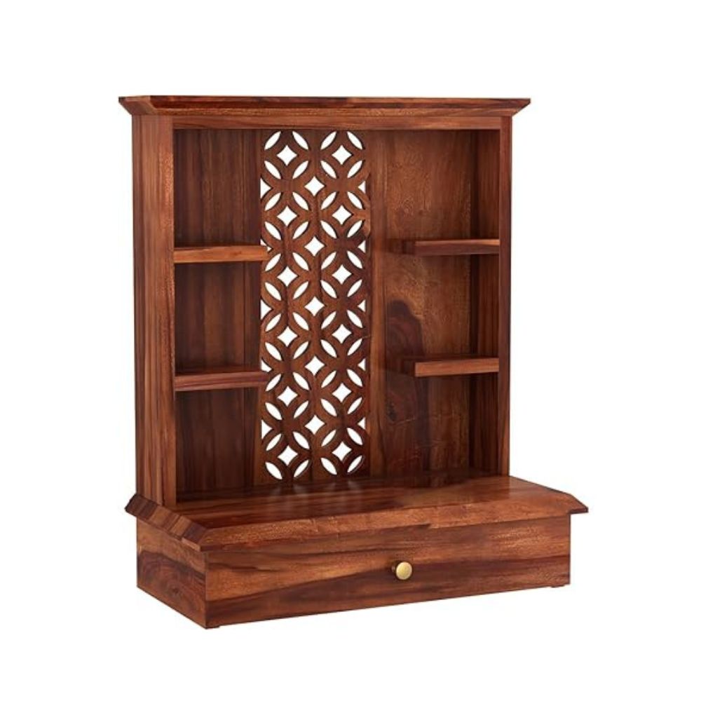 ONIJA Home Temple Wooden Puja Mandir Pooja Stand for Home and Office Wall Mandir for Home Temple for Home and Office (Natural)