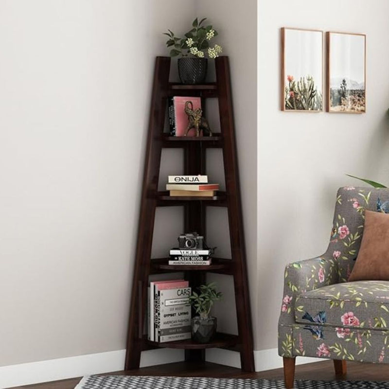 ONIJA Corner Book Shelf | 5 Shelves for Home | Sheesham Wood Wall Shelf for Living Room Kitchen Bathroom | Walnut Finish
