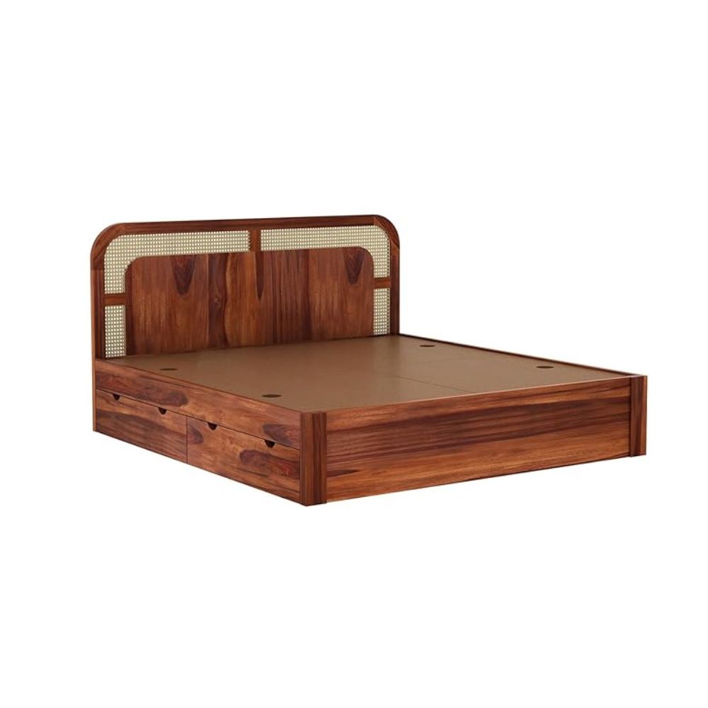 ONIJA Solid Sheesham Wood King Size Bed with Drawer Storage Wooden Double Bed Palang Bed for Bedroom Living Room Furniture - HONEY FINISH
