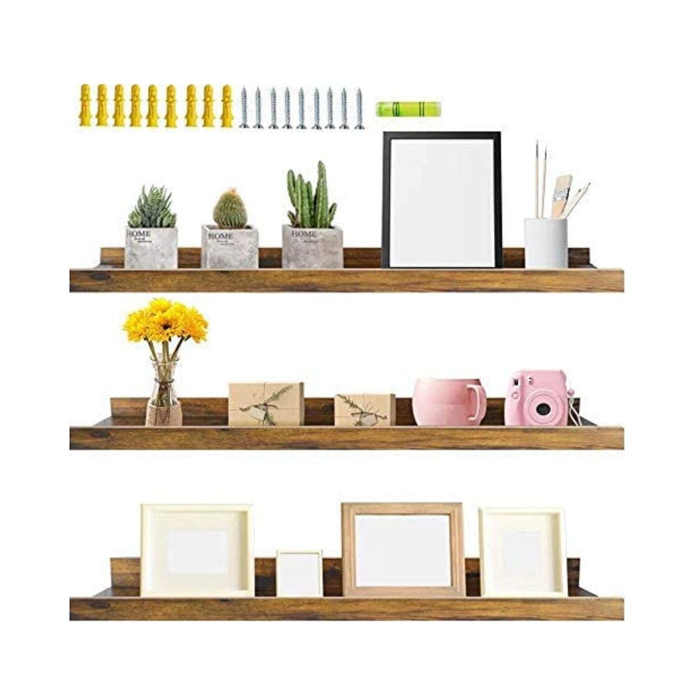 ONIJA Wooden Floating Wall Shelves Set of 3, Rustic Picture Ledge Shelf Decor for Bedroom Bathroom Living Room Kitchen