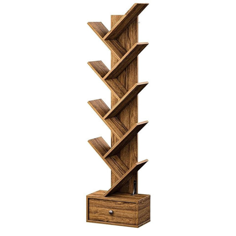 ONIJA Furniture Solid Sheesham Wood Book Shelf | Wooden Tree Shape Bookshelf | Free Standing Bookcase with Open 8 Shelf & One Drawer Storage | Book Shelf Organizer for Living Room