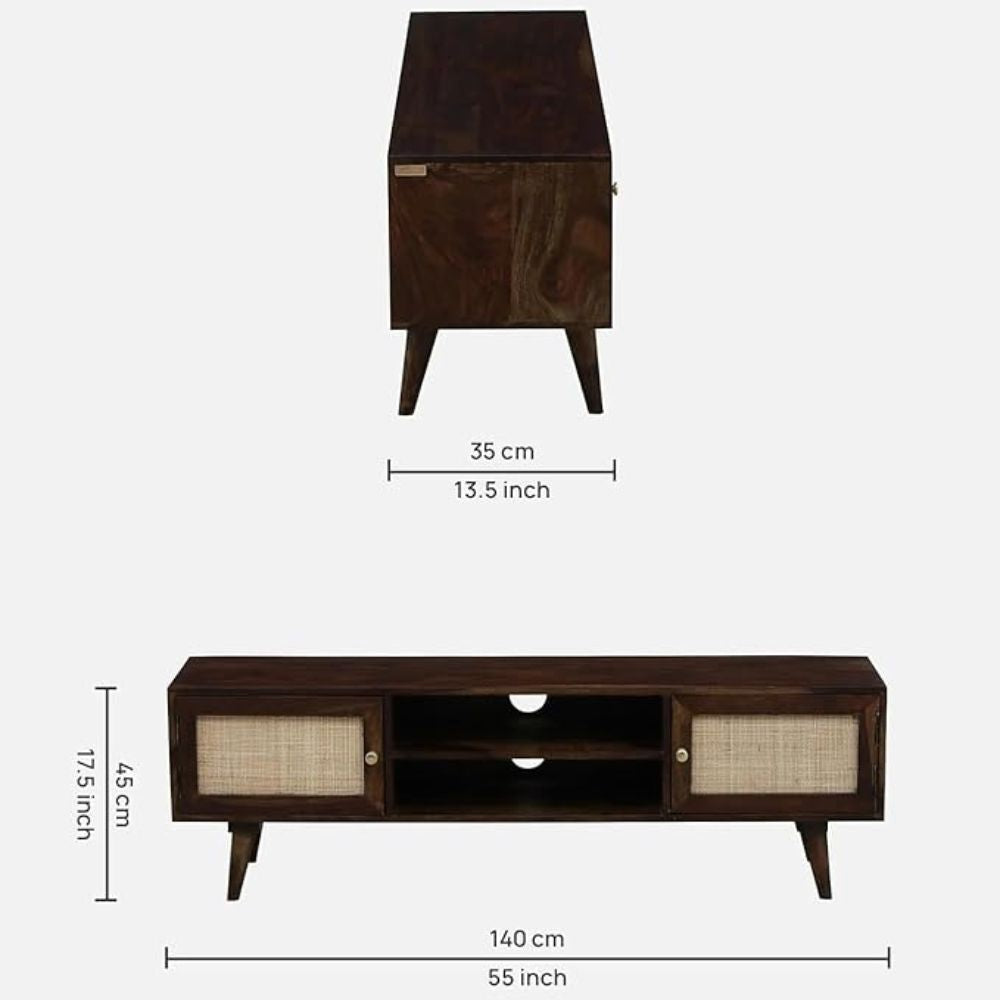 ONIJA Perk Rattan Solid Wood Tv Unit/Cabinet for LED LCD | Cane Design TV Stand for Living Room and Bedroom | Pure Sheesham Wood, Dark Walnut Finish|