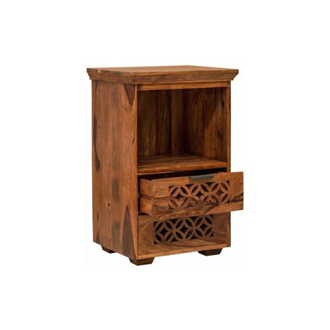 ONIJA  Solid Wood Bed Side Table For Bed Room / Living Room| With Open & Drawer Storage Solid Wood Bedside Table  (Finish Color - Honey Finish, Pre-assembled)