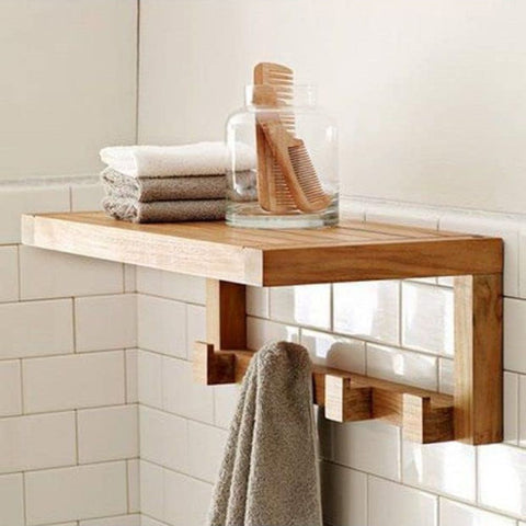 ONIJA Wall Mounted 4-Hook Vintage Natural Wood Floating Bathroom Shelf & Towel Rack Wall Mounted Bathroom Display Storage Shelf