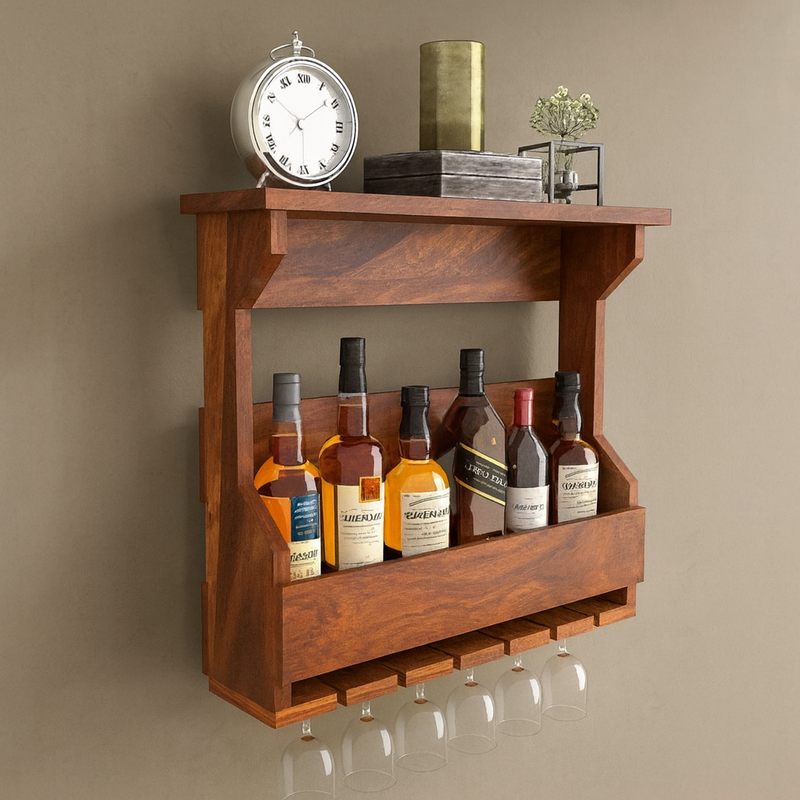 ONIJA  Solid Sheesham Wood Bar Cabinet | Wooden Bar Cabinet for Bar, Hotel | Finish Color - (Natural Finish)