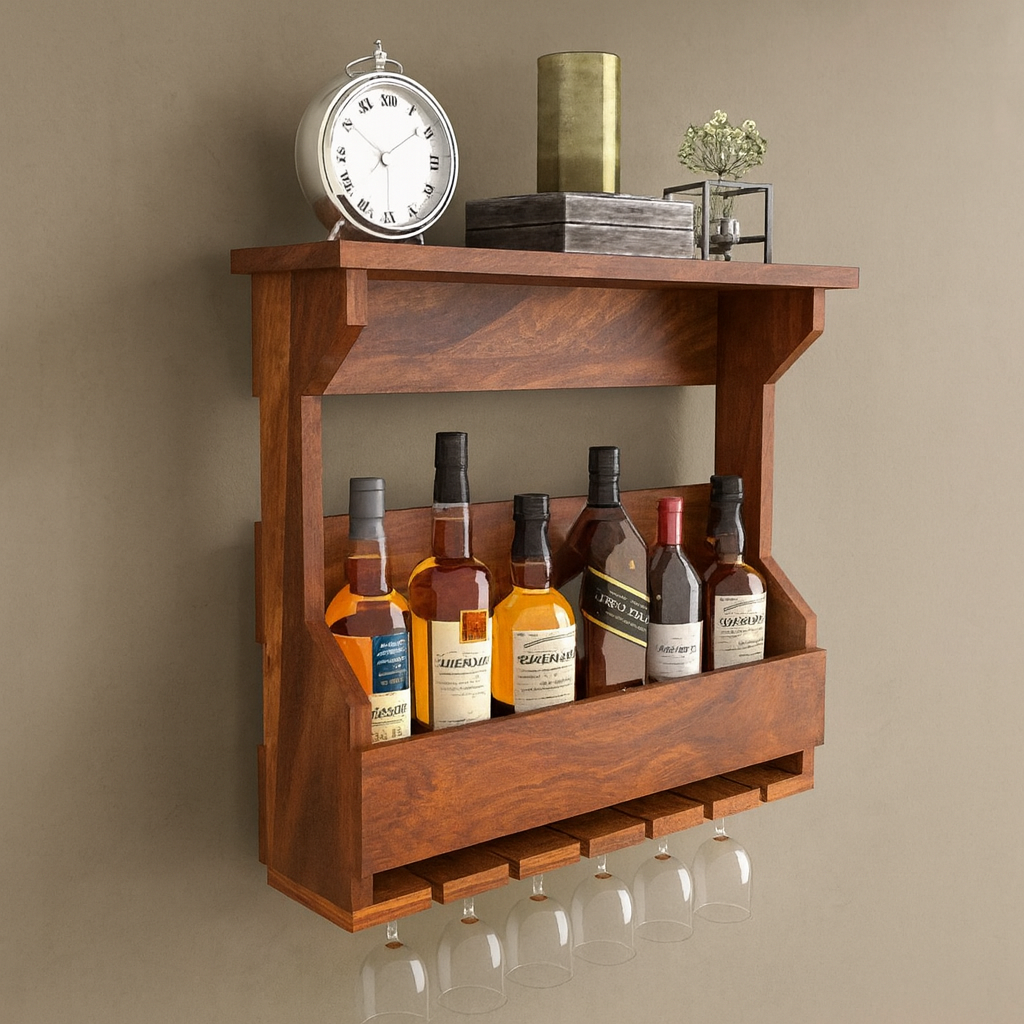 ONIJA  Solid Sheesham Wood Bar Cabinet | Wooden Bar Cabinet for Bar, Hotel | Finish Color - (Natural Finish)