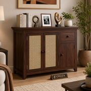 ONIJA Solid Sheesham Wood Sideboard Cabinet with Rattan Cane Doors
