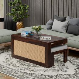 Onija Solid Wood Cane Coffee Table with Hidden Seating