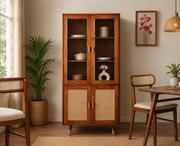 ONIJA Solid Wood Four Door Crockery Unit Kitchen Cabinet - Brown Finish
