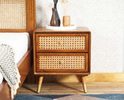 ONIJA  Solid Wood Rattan Cane Two Drawer Bedside Table
