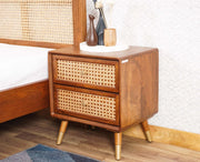 ONIJA  Solid Wood Rattan Cane Two Drawer Bedside Table