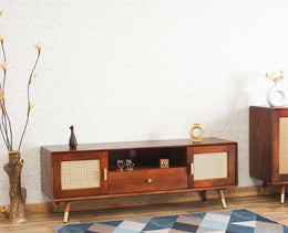 onija Boston Solid Wood Rattan Cane Tv Cabinet - Brown Finish