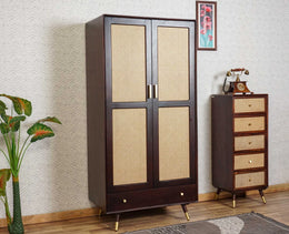 Boston Solid Wood Rattan Cane Wardrobe Walnut-  Finish