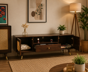 ONIJA Boston Solid Wood Rattan Cane Tv Cabinet  Walnut Finish