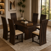 ONIJA Solid Sheesham Wood Dining Room Sets 6 Seater Poster Dining Table with 6 Cushions Chairs Walnut Finish