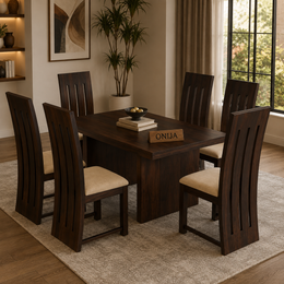 ONIJA Solid Sheesham Wood Dining Room Sets 6 Seater Poster Dining Table with 6 Cushions Chairs Walnut Finish