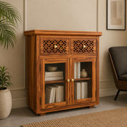 ONIJA Sheesham Wood Display Cabinet with Glass Doors & Storage Drawers