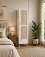 onija Wooden Storage Cabinet with Cane Doors & Drawer | Tall Solid Wood Wardrobe Cabinet with Shelves | Modern Slim Storage Unit for Bedroom, Living Room & Entryway
