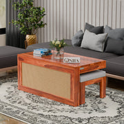 Onija Solid Wood Cane Coffee Table with Hidden Seating | Natural