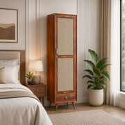 onija Wooden Storage Cabinet with Cane Doors & Drawer | Tall Solid Wood Wardrobe Cabinet with Shelves | Modern Slim Storage Unit for Bedroom, Living Room & Entryway