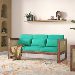 Onija Plus 3 Seater Sofa in Teak Finish & Lagoon Green Fabric