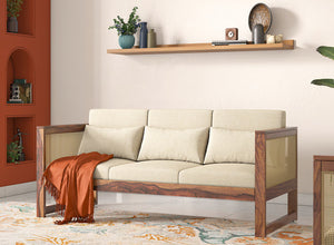 Onija Plus 3 Seater Sofa In Teak Finish & Macadamia Brown Hopsack Weave Fabric