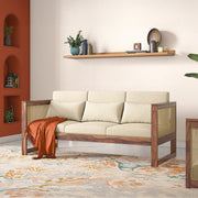 Onija Plus 3 Seater Sofa In Teak Finish & Macadamia Brown Hopsack Weave Fabric