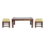 ONIJA Sheesham Wood Center Coffee Table Set with 2 Stool with Cushions
