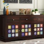 ONIJA Solid Sheesham Wood Wooden Cabinet Sideboard with 6 Shelves and 3-Door Storage