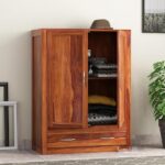ONIJA Wooden 2 Door Wardrobe for Clothes with 1 Drawer 2 Shelf Storage & Hanging Space - Sheesham Wood Almirah for Bedroom